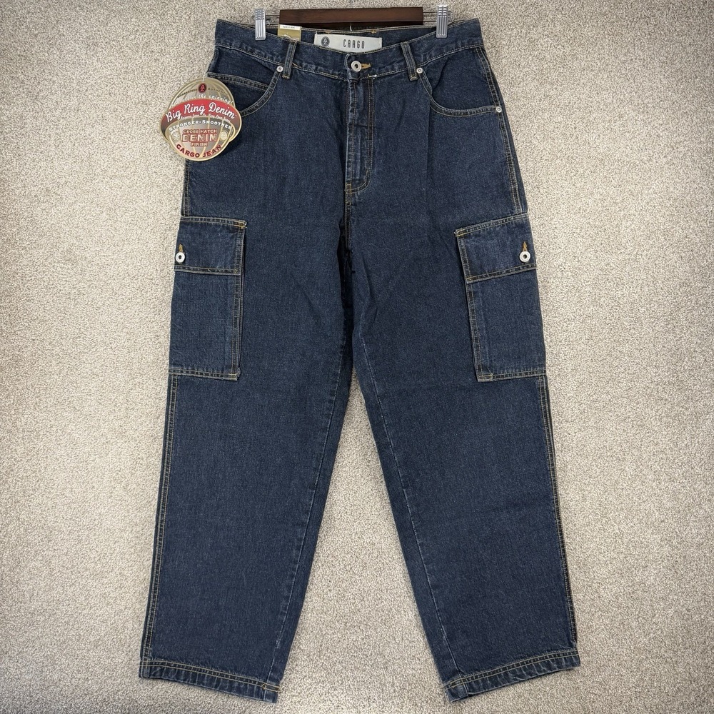 New Y2K Big Ring Denim Arizona Cargo Jeans 34/30 Skater Punk Grunge Distressed‎